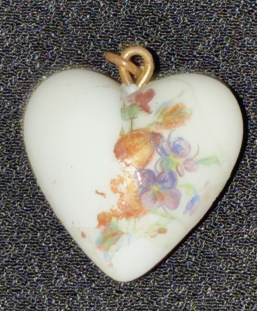 Vintage Heart Pendant Floral Transferware Multicolor Flowers On White